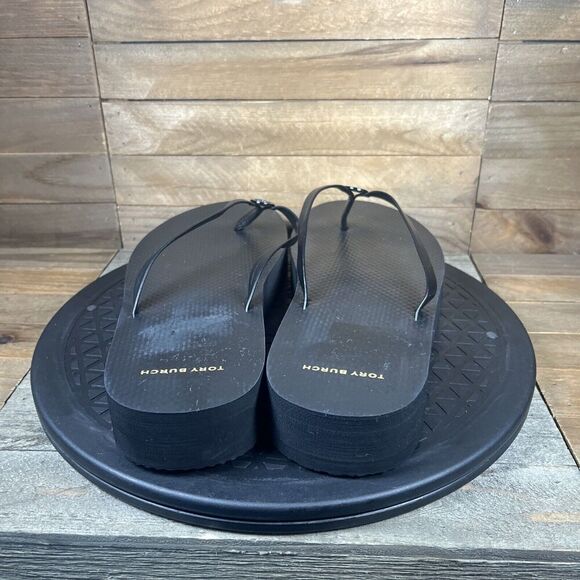 Tory Burch Womens Sz 10 Platform Flip Flop Perfect Black Leather Strap Sandals - Picture 4 of 10